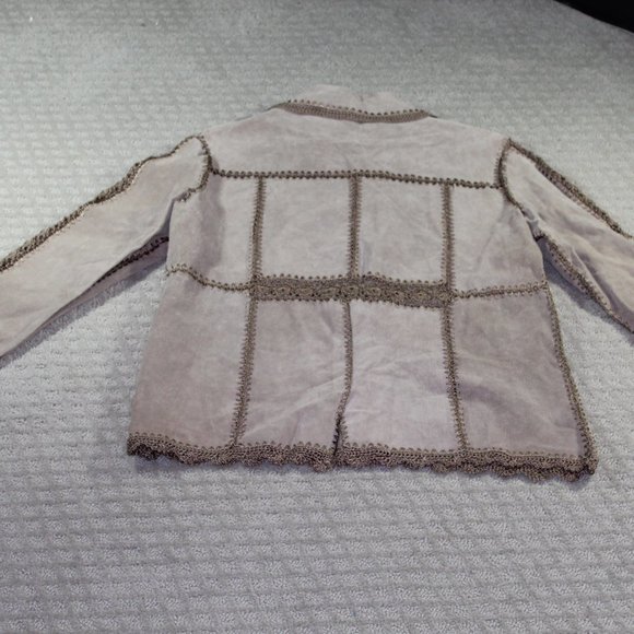 VINTAGE 90s Static Size Large Light Tan Leather and Crocheted Jacket - Picture 2 of 7